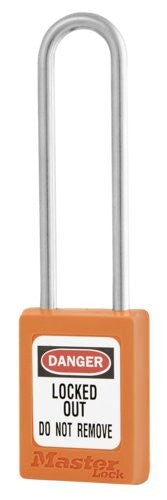Orange padlock with U-shaped shackle and DANGER LOCKED OUT DO NOT REMOVE Master Lock label