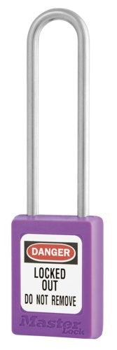 Purple padlock with U-shaped shackle and DANGER LOCKED OUT DO NOT REMOVE Master Lock label