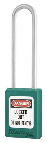 Teal padlock with U-shaped shackle and DANGER LOCKED OUT DO NOT REMOVE Master Lock label