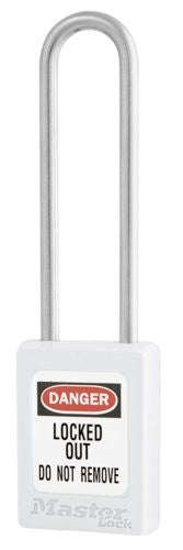 White padlock with U-shaped shackle and DANGER LOCKED OUT DO NOT REMOVE Master Lock label