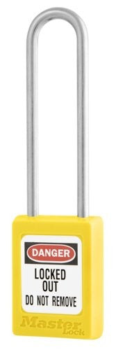 Yellow padlock with U-shaped shackle and DANGER LOCKED OUT DO NOT REMOVE Master Lock label