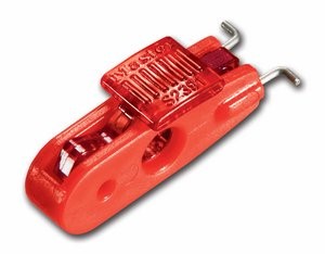 Miniature circuit breaker with red housing and metal toggle terminals