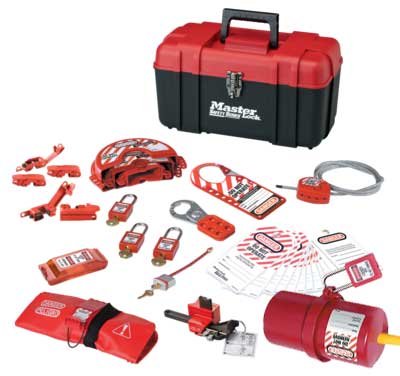Portable lockout kit hard case with red and black locks, tags, and keys