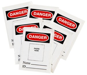 Photo ID label set, white adhesive labels with “DANGER” and photo-ID fields for name