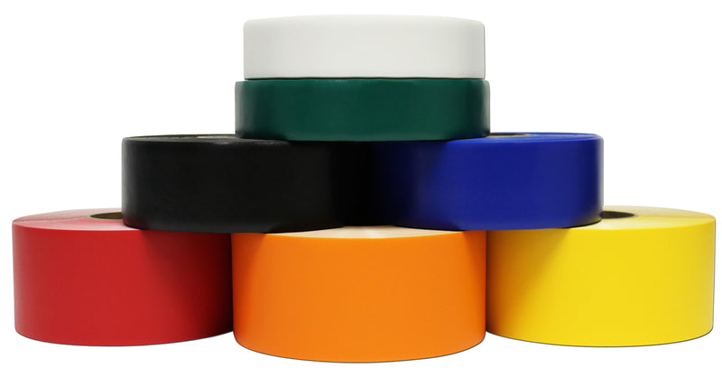 Assorted rolls of V floor tape, including red, orange, yellow, blue, black, and green