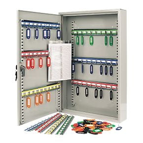 Metal key cabinet with open door, multiple key hooks and labeled compartments