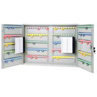 Heavy duty key cabinet with both doors open, rows of labeled key hooks
