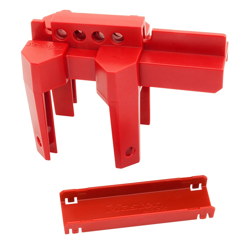 Adjustable ball valve lockout in red with adjustable clamp and mounting holes