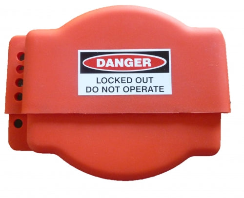 Red gate valve lockout cover with DANGER label: LOCKED OUT DO NOT OPERATE