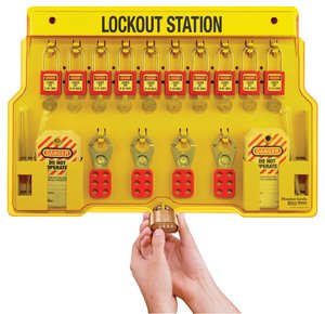 Lockout station tray with padlock locks, safety tags, and a hand pointing at hooks