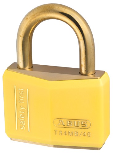 Yellow ABUS keyed padlock with brass shackle, T84MB/40 marking
