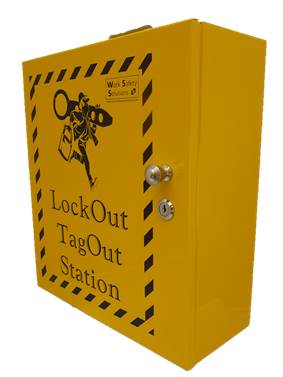 Yellow LockOut TagOut station box with front lock and safety graphic panel
