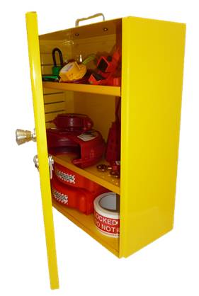 Yellow lockout tagout station box with open door and stocked interior shelves