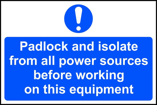 Blue safety warning sign with bold white text and exclamation symbol