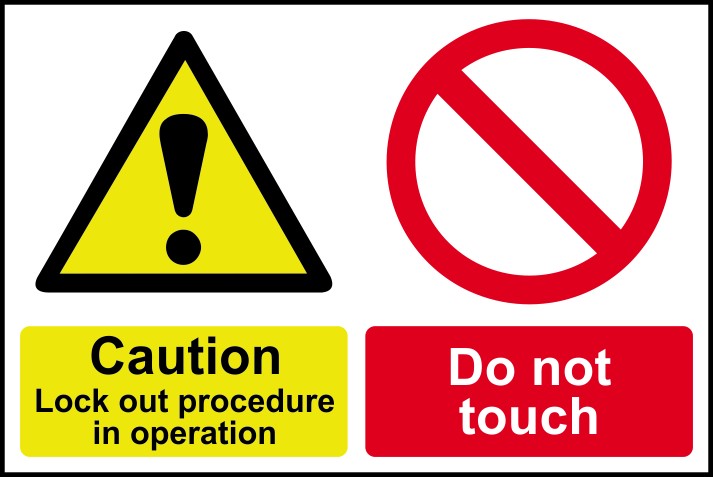 Safety warning sign with caution triangle and do not touch symbol