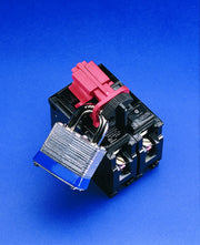 Breaker lockout device with red handle and metal shackle padlock