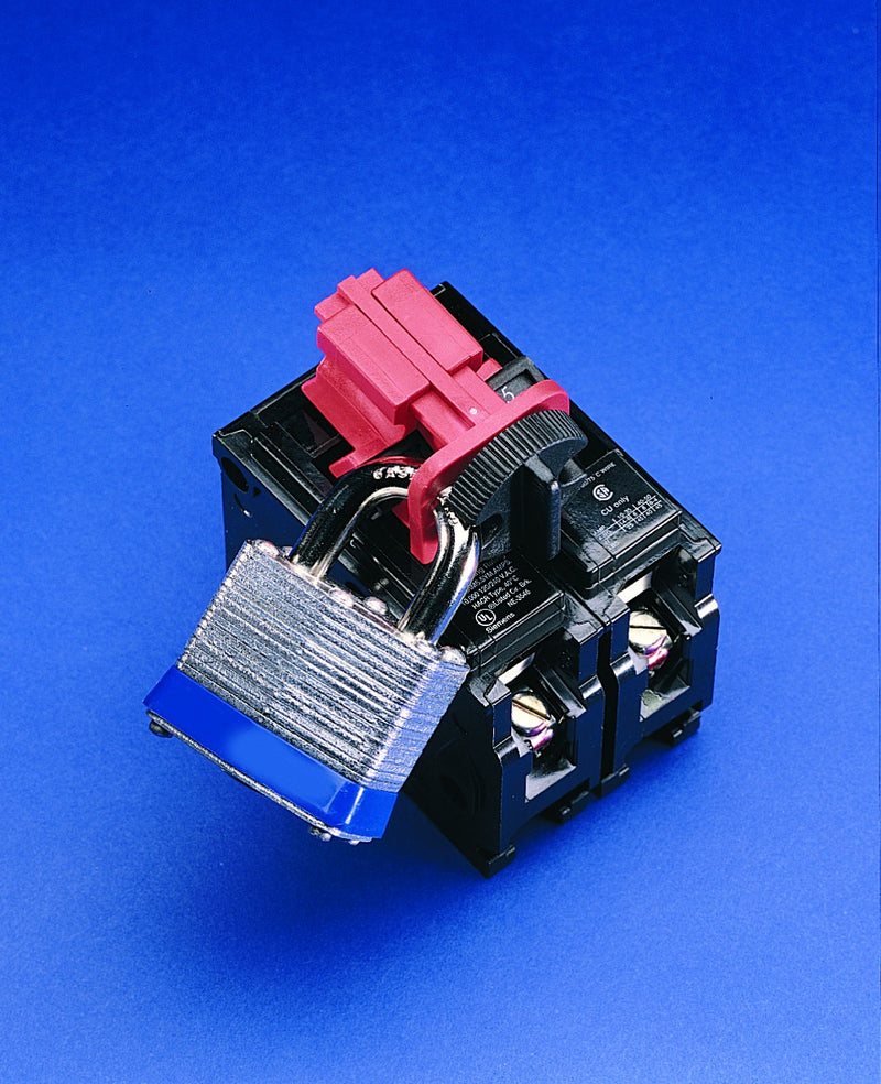 Breaker lockout device with red handle and metal shackle padlock