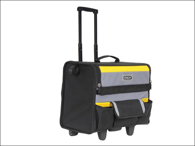 Tool bag on wheels with extended handle, black body with gray panel and yellow stripe