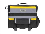 Tool bag on wheels with top handle, black gray fabric with yellow trim and front pockets