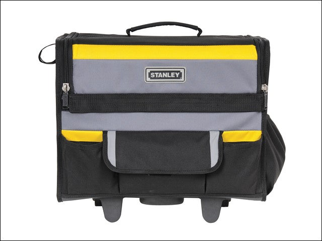 Tool bag on wheels with top handle, black gray fabric with yellow trim and front pockets