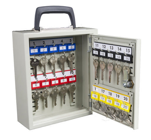 Mobile key cabinet open, showing numbered key hooks with key tags inside.