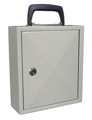 Mobile key cabinet closed front panel with round lock cylinder and handle.