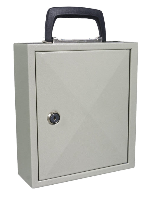 Mobile key cabinet closed front panel with round lock cylinder and handle.