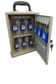 Mobile key cabinet open, showing numbered key hooks with blue key tags.
