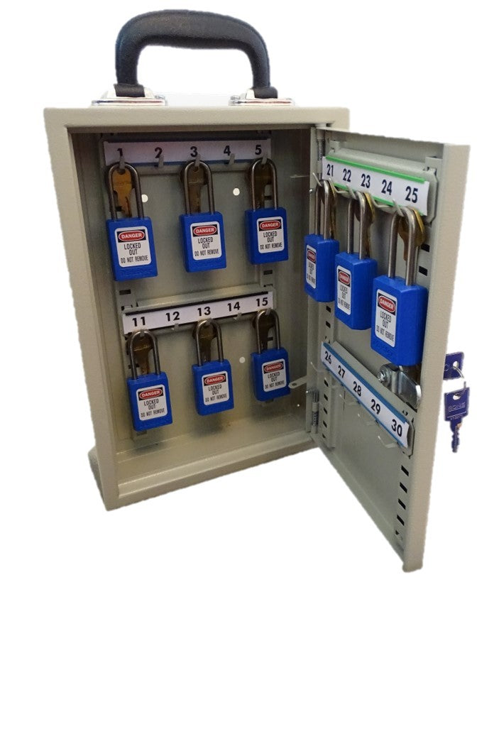 Mobile key cabinet open, showing numbered key hooks with blue key tags.