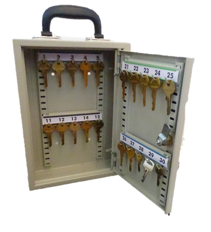 Mobile key cabinet open, with numbered key hooks and hanging keys on both doors.
