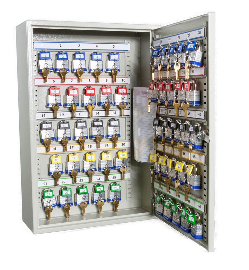 Hook padlock cabinet with labeled locks, open door showing brass padlocks and keys