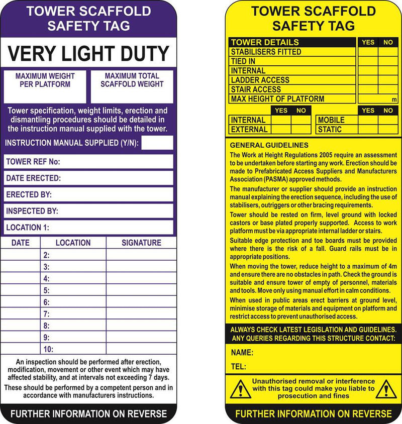 Tower Scaffold Safety Tag Inserts (Pack of 10)