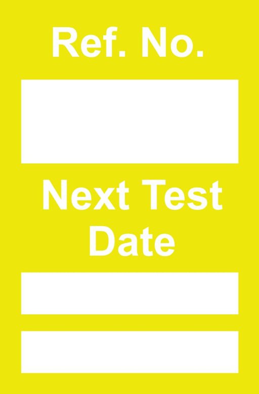 Yellow mini tag insert with Ref. No. and Next Test Date fields