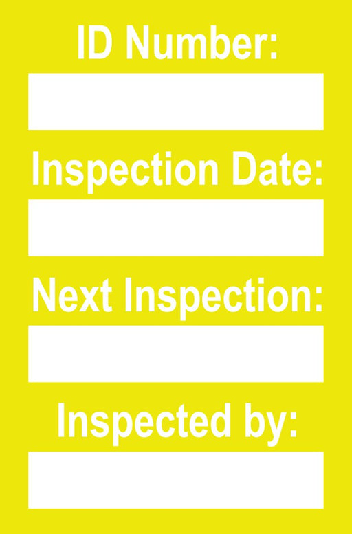 Yellow mini tag insert with ID Number, Inspection Date, and Next Inspection blank fields